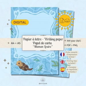 Peut inclure: Papier à lettre numérique avec un fond bleu clair sur le thème de l'eau, une zone lignée centrale, une illustration de loutre brune et du texte incluant "DIGITAL," "Papier à lettre - Writing paper Papel de carta Maman Loutre," "A4 + A5," et "300 ppp (dpi)."