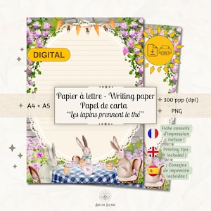 Peut inclure: Papier à lettre numérique avec un centre ligné crème encadré de fleurs violettes et de vignes vertes. Le bas montre des lapins à une table à carreaux bleus avec du thé. Texte : "Papier à lettre - Writing paper Papel de carta "Les lapins prennent le thé"", "DIGITAL", "A4 + A5", "300 ppp (dpi)".