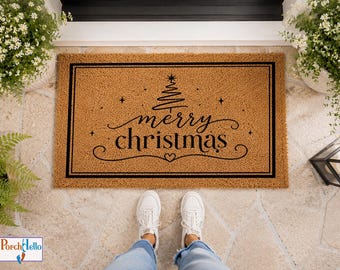 Merry Christmas Doormat, Natural Coir Welcome Mat, Winter Porch Decor