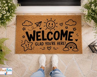 Welcome Doormat, Glad You're Here, Natural Coir Entryway Rug, Whimsical Sun Rainbow Clouds Stars