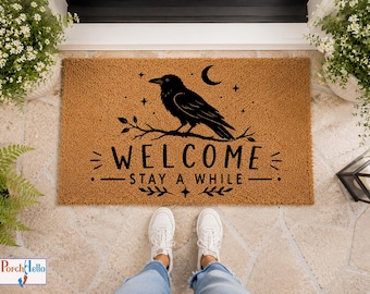 Raven Welcome Doormat, Gothic Moon Stars Porch Decor, Halloween Witchy Home Mat