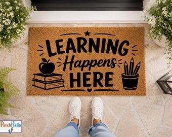 Teacher Doormat, Learning Happens Here, Classroom Entryway Rug, Natural Coir Fiber