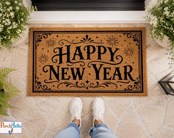 Happy New Year Doormat, Natural Coir Festive Welcome Mat, Holiday Entryway Decor
