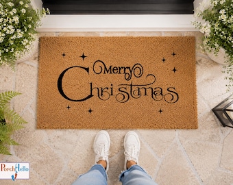 Merry Christmas Doormat, Festive Holiday Entryway Rug, Natural Coir Porch Decor