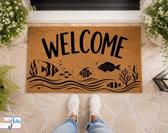 Ocean Fish Welcome Doormat, Coastal Under the Sea Entryway Rug, Beach House Decor