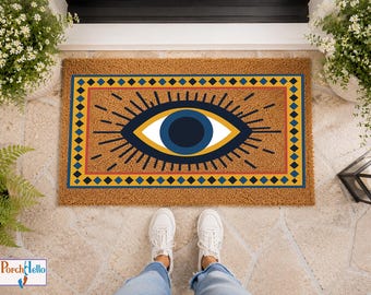 Boho Evil Eye Coir Doormat, Mystical Home Protection, Housewarming Gift