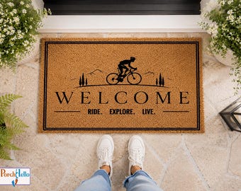 Cycling Welcome Mat, Mountain Bike Decor, Natural Coir Front Porch Rug