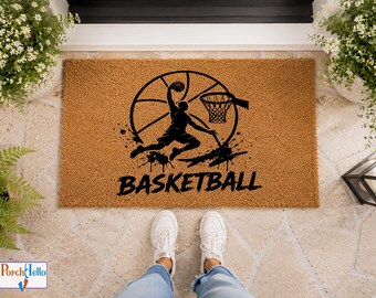 Basketball Slam Dunk Doormat, Sports Fan Entryway Decor, Natural Coir Mat