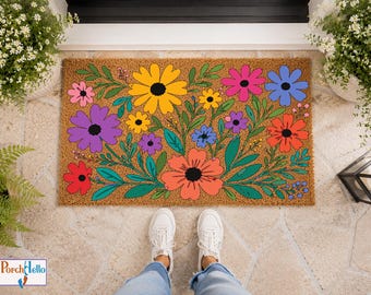 Colorful Floral Doormat, Wildflower Welcome Mat, Natural Coir, Boho Botanical Entry Rug