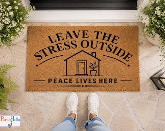 Leave the Stress Outside Doormat, Peace Lives Here Welcome Mat, Minimalist Coir Doormat,