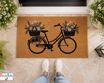 Personalized Bicycle Doormat, Floral Bike Welcome Mat, Custom Cottagecore Decor,