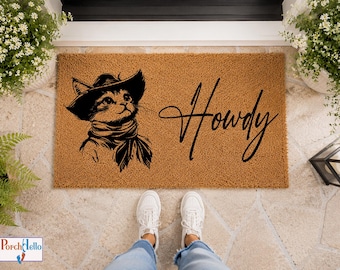 Cowboy Cat Howdy Doormat, Western Halloween Porch Decor, Natural Coir Rug