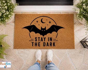 Halloween Bat Doormat, Gothic Moon Crescent Welcome Rug, Spooky Entryway Decor