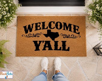 Texas Welcome Yall Doormat, Rustic Southern Entryway Decor, Natural Coir Fibers