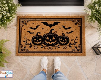 Halloween Pumpkin Doormat, Natural Coir Fall Porch Decor, Spooky Jack O Lantern Mat
