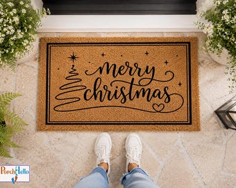 Merry Christmas Doormat, Trendy Welcome Mat, Natural Coir Entryway Rug