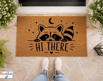 Raccoon Doormat, Woodland Animal Welcome Mat, Natural Coir Rustic Entryway Rug
