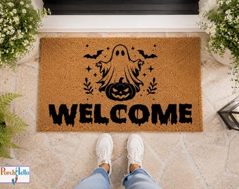 Halloween Ghost Pumpkin Doormat, Spooky Welcome Porch Rug, Natural Coir Entry Mat