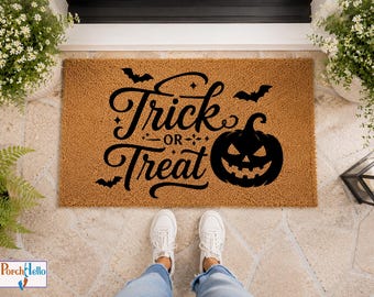 Trick or Treat Halloween Doormat, Spooky Pumpkin Welcome Mat, Fall Porch Decor