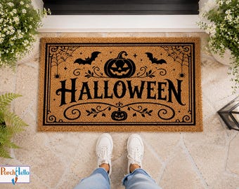 Halloween Doormat, Spooky Pumpkin Welcome Mat, Entryway Rug, Natural Coir, Trendy Home Gift