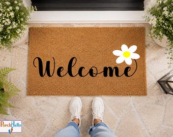 Floral Welcome Doormat, Daisy Coir Door Mat, Modern Script Mat, Housewarming Gift