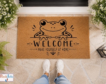 Frog Welcome Doormat, Woodland Porch Decor, Natural Coir Entryway Rug
