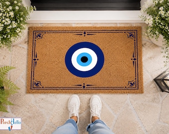 Evil Eye Doormat, Nazar Welcome Mat, Boho Front Porch Decor, Natural Coir, Housewarming Gift