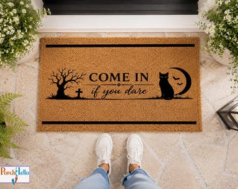 Halloween Doormat, Spooky Black Cat Welcome Mat, Gothic Fall Decor