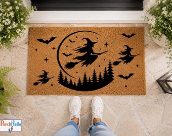 Witch Welcome Mat, Halloween Moon Bat Forest Decor, Spooky Gothic Porch Accent