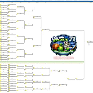 May include: A bracket chart with multiple blank boxes for a tournament. The chart includes the text "Custom Brackets 71" with images of a basketball, dart, and other sports equipment. The chart is designed for auto-populating spreadsheets.