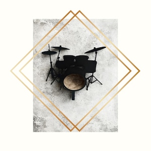 May include: A black metal drum set silhouette with cymbals and a drum stool. The drum set is set against a textured gray background, framed by a gold geometric design. A decorative item for music lovers.