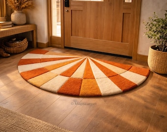 Tappeto semicircolare da ingresso con motivo a raggiera - Colori moderni ruggine, beige e crema