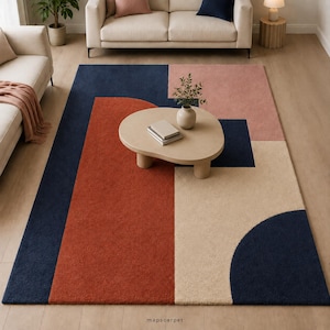 Alfombra moderna abstracta de lana tejida a mano con diseño de arco – Alfombra geométrica azul marino, terracota y crema.