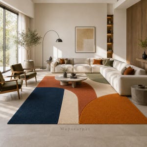 Mid Century Modern Abstract Wool Rug – Hand Tufted Geometric Arch Design