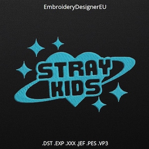 May include: Embroidered patch with the words "STRAY KIDS" in a stylized font, set within a heart and curved outline, all in light blue. Four diamond-shaped stars are scattered around the design on a black background.