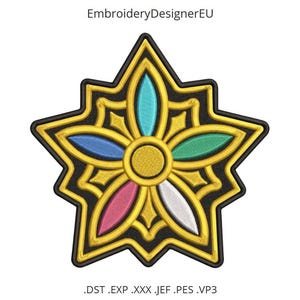 May include: Embroidered star-shaped patch with a floral design. The patch features a gold outline, black background, and colorful petals in blue, green, pink, white, and teal. The text "EmbroideryDesignerEU" is at the top, and file type extensions are at the bottom.