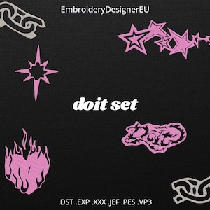 Pode incluir: Fundo preto com vários desenhos de bordado rosa, incluindo estrelas, chamas e elos de corrente. O texto branco "doit set" está presente. A imagem também inclui extensões de tipo de arquivo.