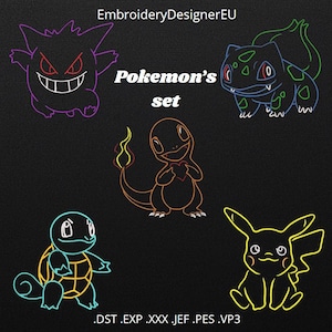May include: A black background features a neon-style illustration of five Pokemon characters. The text "Pokemon's set" is in the center. The characters include Gengar, Bulbasaur, Charmander, Squirtle, and Pikachu. The bottom of the image has file type extensions.