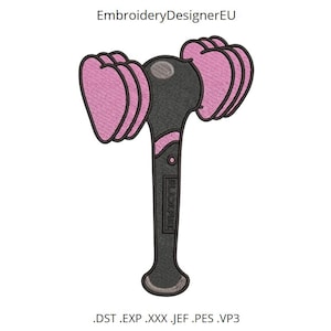 May include: An embroidered lightstick design in black and pink. The lightstick has a black handle with the word "BLACKPINK" embroidered on it. The top features two sets of pink heart-shaped designs. The text "EmbroideryDesignerEU" is at the top.