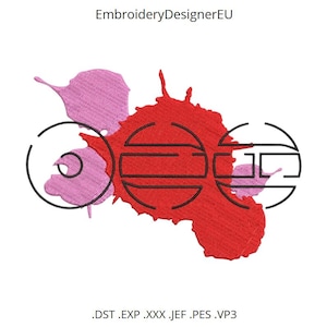 Può includere: Un disegno per ricamo che presenta una grande forma di schizzo d'inchiostro rosso sovrapposta a tre contorni circolari neri. Dietro la forma rossa ci sono schizzi di colore rosa chiaro. Il testo EmbroideryDesignerEU e i formati .DST .EXP .XXX .JEF .PES .VP3 sono visibili.