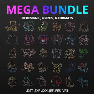 Può includere: Uno sfondo nero presenta il testo "MEGA BUNDLE" in un gradiente di rosa, viola e blu. Sotto, 30 disegni di cartoni animati colorati, con il testo "30 DESIGNS, 4 SIZES, 6 FORMATS". I formati di file sono elencati in basso.