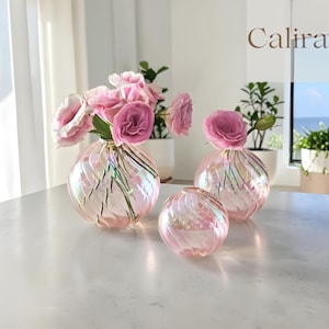 May include: Three pink glass vases of different sizes, featuring a swirling iridescent design, are on a white surface. The vases contain pink flowers. The word "Calira" is visible in the upper right corner.