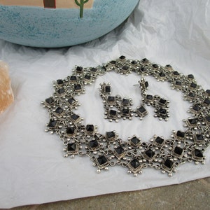 Vintage Mexican Taxco 925 silver onyx necklace earrings set 220.5 grams