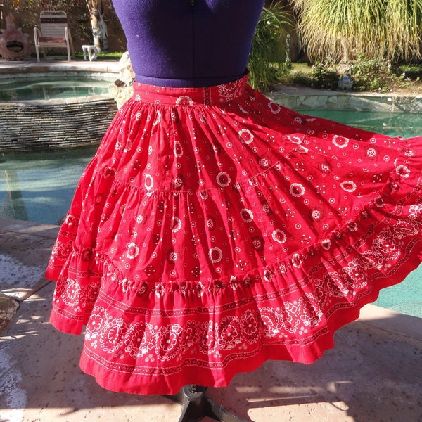 Vintage 1950s skirt full circle cotton red bandana print XS/S swing ballroom square dance 24" waist