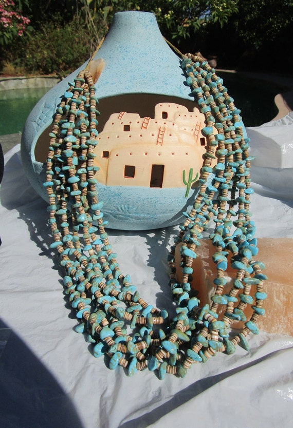 Native American Thirty Three Inch Vintage Navajo Shell Turquoise Necklace Native American Thirty Three Inch Vintage Navajo Shell Turquoise Necklace