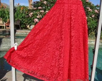 Vintage full lace skirt M 32-34&quot; waist red 28&quot; length lined