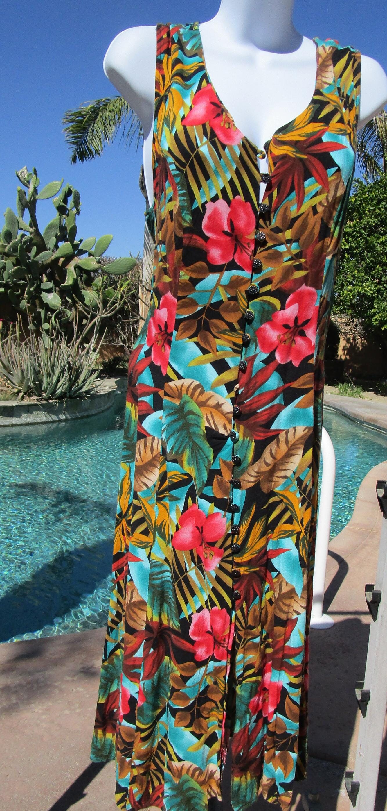 Vintage 1980s sundress dress Joni Blair M 38" bust tropical cinch waist