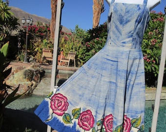 Vintage 1950s Mexican handpainted sequins sundress dress fit n flare S/M 36/38&quot; bust cotton midi 31&quot; waist