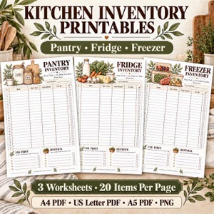 Pode incluir: Três folhas de inventário de cozinha imprimíveis para despensa, frigorífico e congelador. Cada página apresenta uma tabela com colunas para item, quantidade, data de armazenamento e data de validade, além de seções de uso.