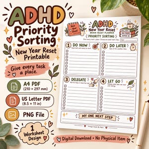 May include: An ADHD priority sorting worksheet printable featuring four sections: Do Now, Do Later, Delegate, and Let Go. The document includes a My One Next Step line, New Year Reset Brain Reset Planner text, and icons like a clock, target, and books.
